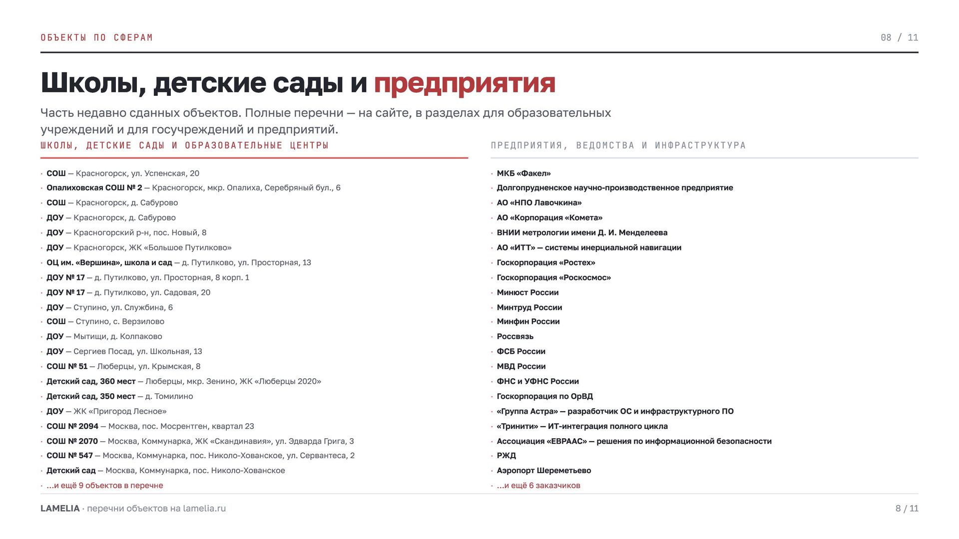 Слайд 8 презентации LAMELIA — Школы, детские сады и предприятия