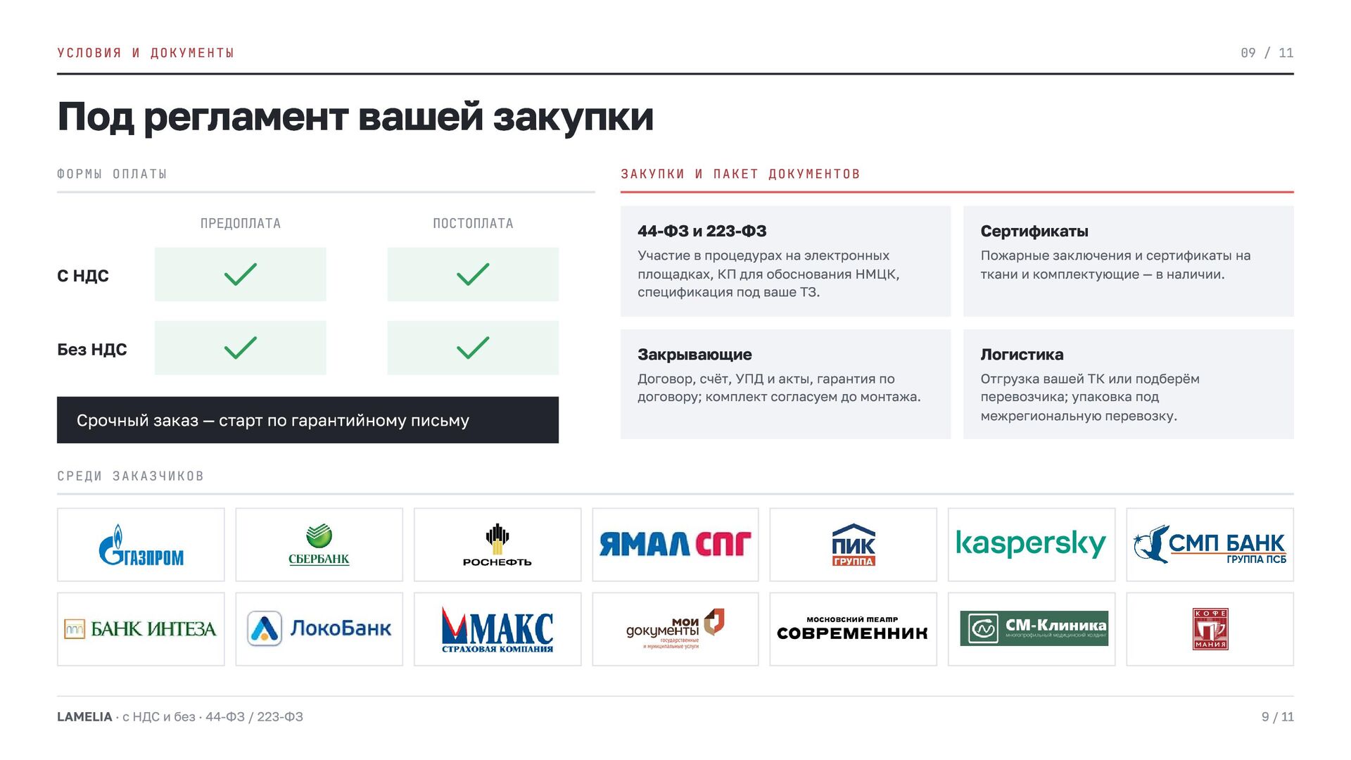 Слайд 9 презентации LAMELIA — Под регламент вашей закупки