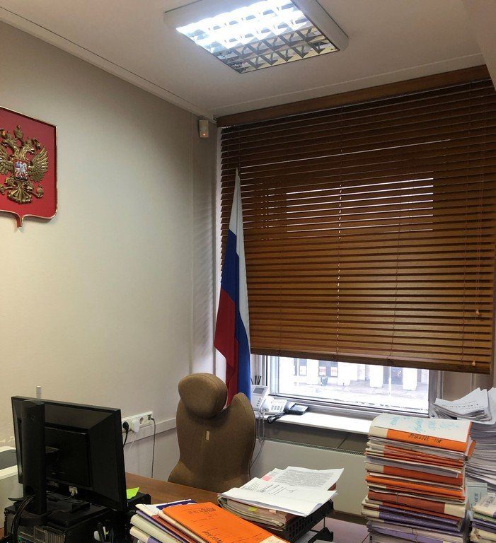 Деревянные горизонтальные жалюзи в служебном кабинете государственного учреждения