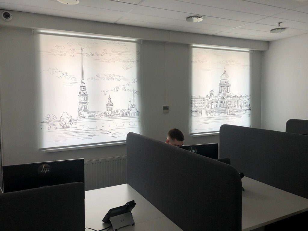 Рулонные шторы с фотопечатью графики в офисе открытой планировки